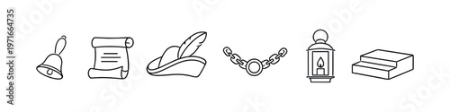 Collection of historical icons including a bell, scroll, hat, chain, lantern, and stairs