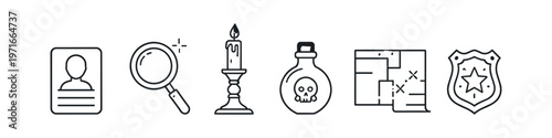Collection of mystery and detective icons including a badge, map, and magnifying glass
