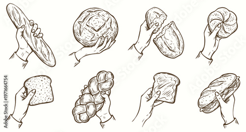 Vintage Hand Drawn Illustration Set of Hands Holding Various Breads and Bakery.