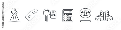 Car dealership icons: spotlight, price tag, keys, calculator, logo, and gift car