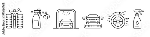 Car wash icons showing cleaning tools, spray bottles, and automated washing process