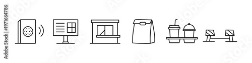 Icons representing a drive-thru ordering process from start to finish