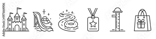 Set of amusement park icons including castle, water slide, and gift bag