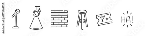 Comedy club icons including microphone, spotlight, brick wall, stool, ticket, and laughter