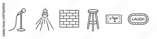 Comedy club icons: microphone, spotlight, brick wall, stool, ticket, and laugh sign