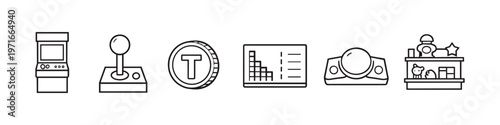 Collection of retro gaming and entertainment icons including arcade, joystick, and console