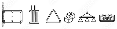 Collection of billiard game icons including table, cues, rack, dice, chandelier, and scoreboard