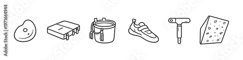 Climbing gear icons: chalk bag, shoe, holds, and cheese