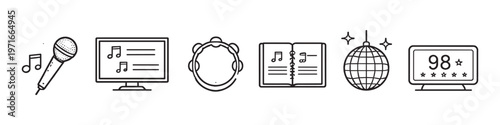Collection of music and entertainment icons including microphone, screen, tambourine, and disco ball