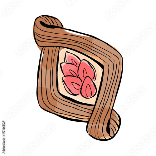 Vector clip art of Strawberry Custard Puff Pastry. Hand-drawn line illustration with watercolor stains. Isolated drawing of dessert for bakery menu, recipes, poster, or cafe advertising.