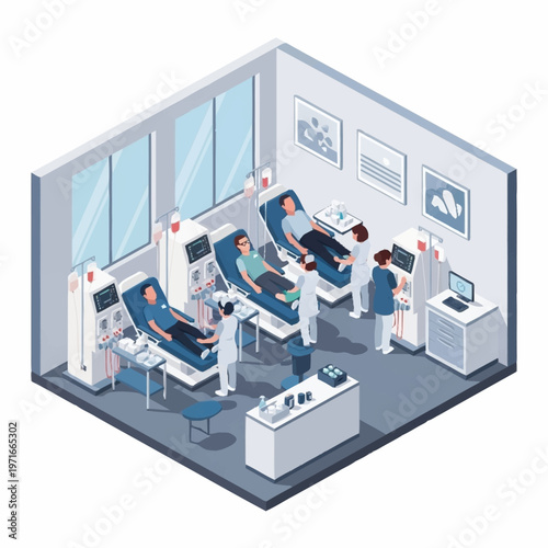 Medical Dialysis Treatment Room with Patients and Nurses.