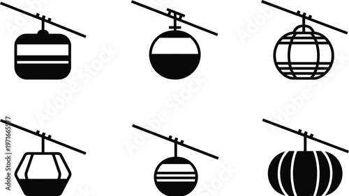 Cable car silhouette icons, gondola cabin designs, transportation vector illustration, ski lift symbols, aerial tramway graphics, black gondola art