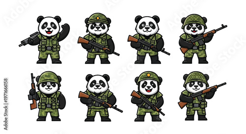Cartoon pandas in military uniforms with weapons arrayed on white background