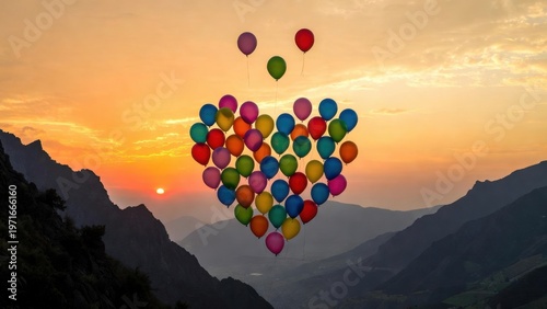 Colorful heart cluster of balloons drifting above mountain valley