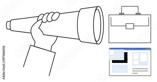 Employment opportunities, career growth, business planning, digital tools, job search, online presence. A hand holds a telescope, briefcase and webpage. Job search and career growth concept