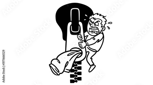 Minimalist Zipper Slider with Fabric Jam Cartoon Line Art, Monochrome Vector Illustration of Wardrobe Malfunction Humor