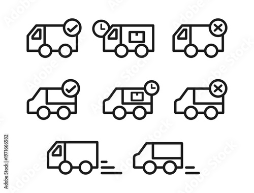トラックのアイコンセット 線画（物流・配達中・配送完了・運送）