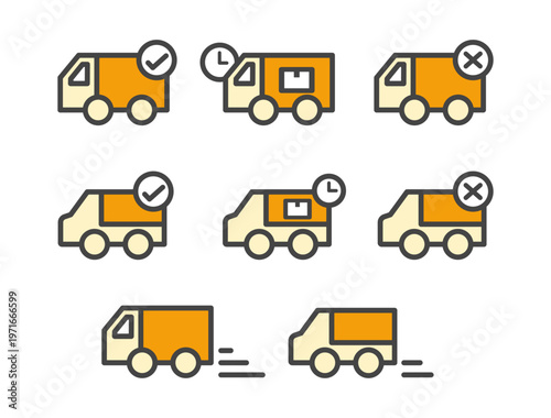 トラックのイラストセット オレンジ（宅配便・ネット通販・物流サービス・配送状況）