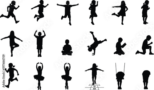 Children silhouettes playing, dancing, jumping, reading, balancing, hopscotch, handstand, swinging, childhood activities, fun poses, creative motion, expressive kids silhouettes