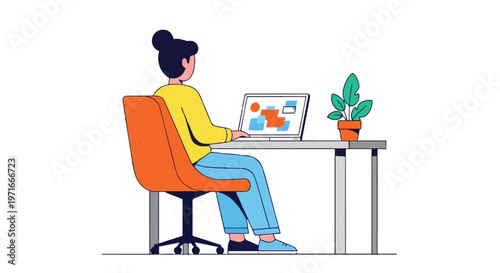 Person working on a laptop at a home desk with a plant and notebook nearby