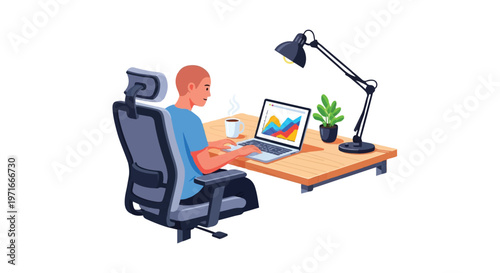 A person working at a desk with a laptop, lamp, and office equipment.