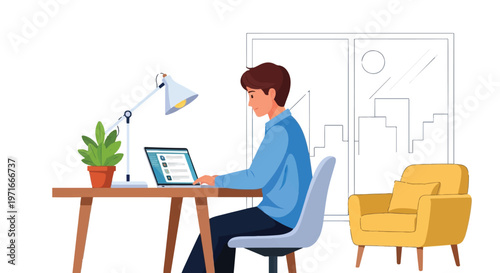 A person working on a laptop in a cozy home office setup with a relaxed atmosphere