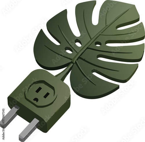 3D Matte Stylized Electric Power Plug Merging into a Lush Green Monstera Deliciosa Leaf Representing Clean Sustainable Energy Green Technology Solutions and Environmental Innovation Isolated for Eco C