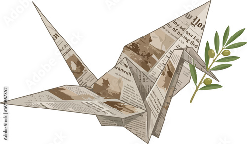 Handcrafted Origami Paper Crane Constructed from Recycled Newspaper Texture Holding a Green Olive Branch Symbolizing Global Peace Sustainability Environmental Hope and Delicate Handcrafted Harmony Iso