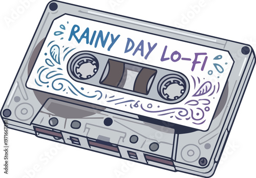 Vintage Nineties Cassette Tape with Rainy Day Lo-Fi Handwritten Label and Ethereal Blue Water Drop Musical Notes Floating in Fluid Motion Representing Melancholic Soundscapes Nostalgia and Relaxing Au