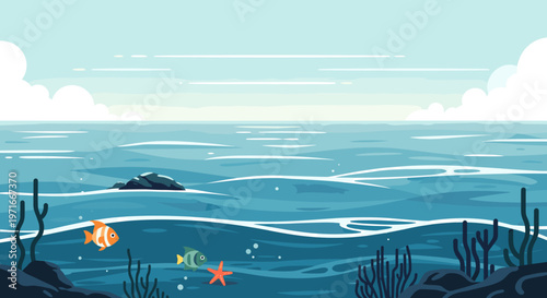 A calming illustration featuring a goldfish swimming amidst seaweed and bubbles creates a peaceful atmosphere, ideal for wellness marketing or website