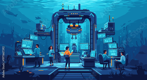 Obraz na plátně A tranquil illustration showcasing an underwater research facility, conveying a