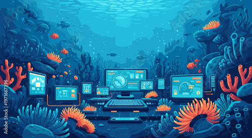 Vibrant illustration combining futuristic technology with a serene coral reef setting. Evokes innovation, exploration, and the blend of nature and dig