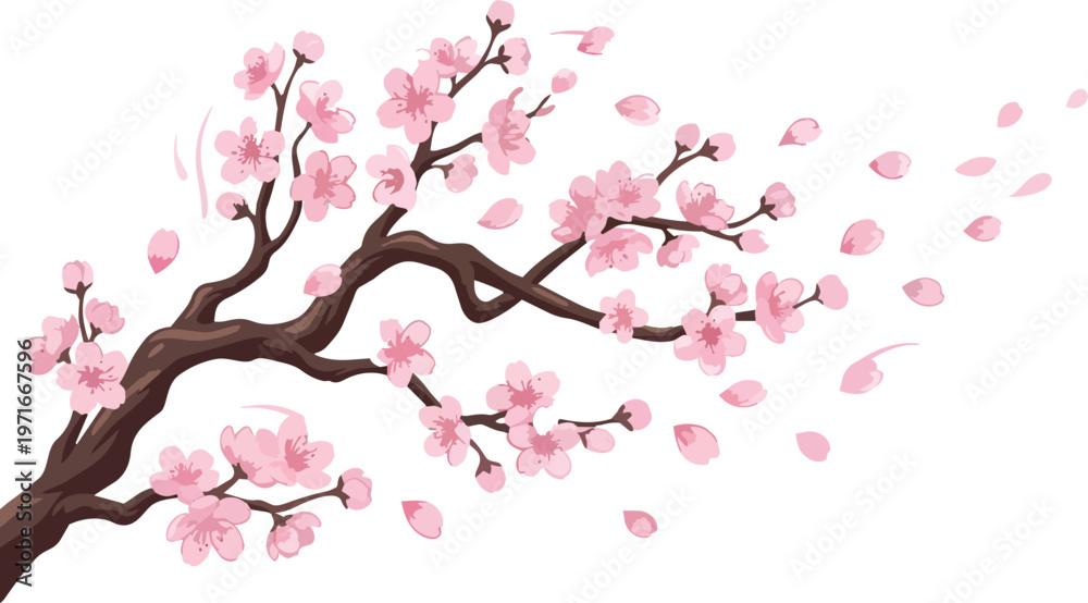 Fototapeta premium Cherry Blossom Sakura Branch with Delicate Pink Petals Drifting and Blowing Through the Wind Symbolic of Spring Renewal Beauty and the Transient Nature of Life
