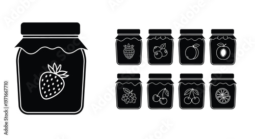 Black and white illustration of various fruit preserves in glass jars