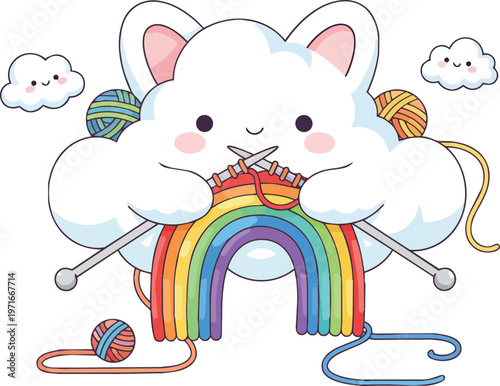 Whimsical surreal fantasy illustration of a fluffy cartoon cloud character actively knitting a colorful vibrant rainbow using knitting needles and balls of yarn in a bright blue sky