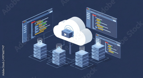 Cloud storage security concept with encrypted data and servers