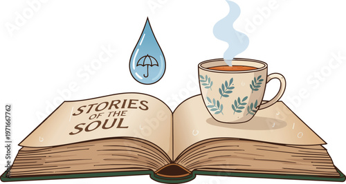 Cozy hygge atmosphere featuring an open hardcover book with a warm steaming ceramic mug of tea and a unique metal raindrop bookmark resting on the page near a rainy window