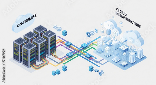 Cloud infrastructure and on premise server network architecture with data transfer and synchronization