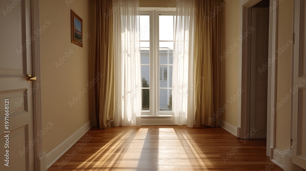 Obraz premium A sunlit room with wooden floors and elegant curtains casting dramatic shadows