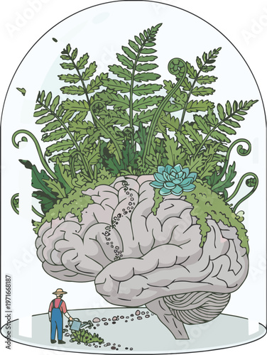Human Brain Contained Within Glass Dome filled with Lush Green Ferns and Miniature Gardener Figure Tending to Mental Health Growth and Mindfulness