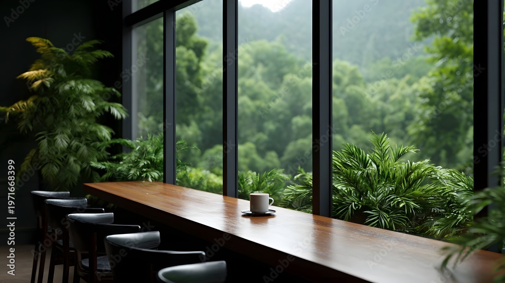 Fototapeta premium Modern minimalist cafe interior with panoramic forest view through large and a coffee cup on a wooden counter