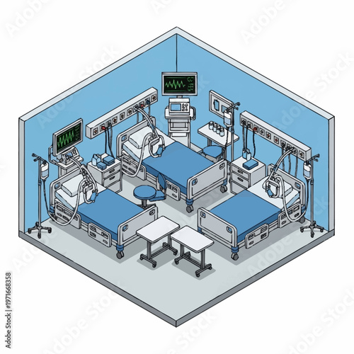 Isometric Hospital Room with Medical Equipment and Beds.
