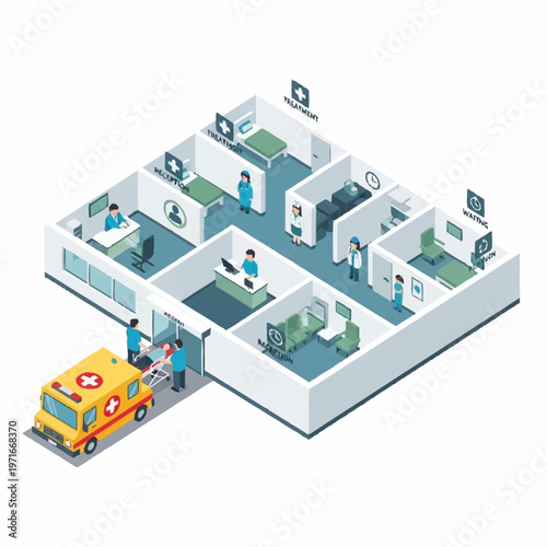 Isometric hospital interior with ambulance and medical staff.
