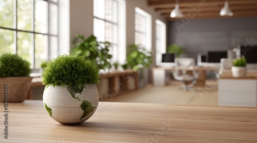 A globe shaped plant pot filled with green moss sits on a wooden desk in a bright modern office interior