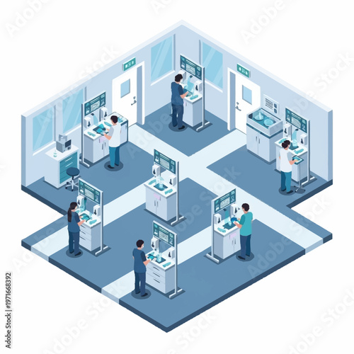Modern Laboratory with Scientists Conducting Experiments.