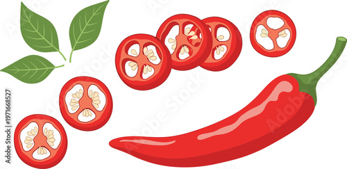 Red chili pepper and sliced tomatoes with green leaves on white background