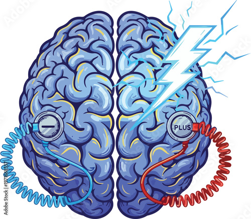 Human Brain with Positive and Negative Battery Terminals Being Recharged by Powerful Electric Lightning Bolt Symbolizing Energy Mental Power and Brainstorming