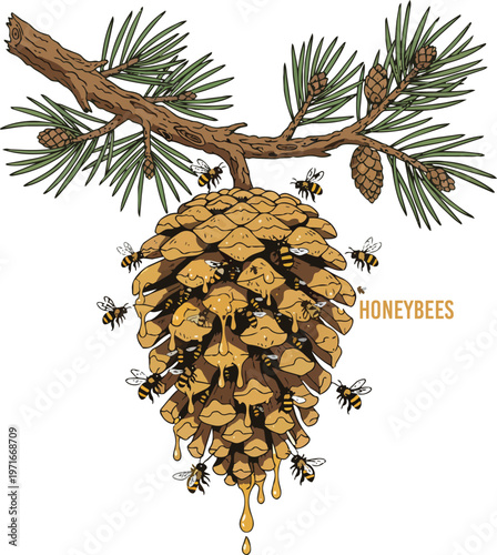 Surreal Illustration of Large Evergreen Pinecone Hanging from Branch Functioning as Natural Honeybee Hive with Bees Swarming and Entering Organic Structure in Sunlit Forest