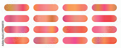 A collection of rounded rectangular UI elements showcases vibrant gradient color transitions in shades of pink and orange, ideal for web design and branding.