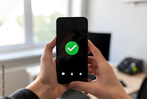 Mobile App Confirmation Screen Showing Green Check Mark Approval On Smartphone Held In Hands